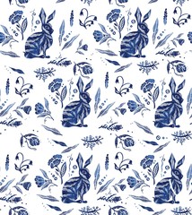 Blue painted duck, hare, flowers and titmouse