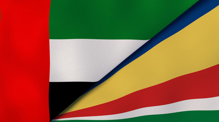 The flags of United Arab Emirates and Seychelles. News, reportage, business background. 3d illustration