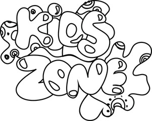 Kids zone banner  black and white, emblem or logo in cartoon style. A place for fun and games.  Coloring page Vector illustration.