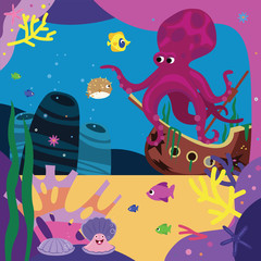 Sea story illustration Octopus and bubblefish - 338461777