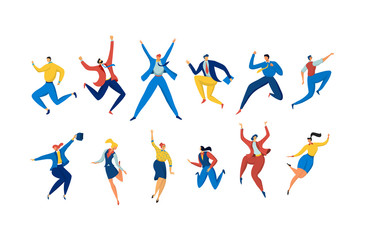 Fototapeta na wymiar Jumping people in casual business suits, set of cartoon characters isolated on white, vector illustration. Successful men and women jump and dance, happy businessman career. Jumping businesswoman set