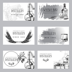 Set of business card templates for the whisky related businesses. Sketch style drawing isolated on white background. EPS10 vector illustration