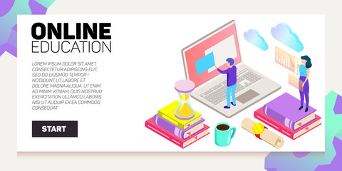 Isometric online education vector banner. E-learning. Imagination ad creativity.