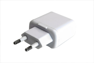 Power supply for charging a phone isolate on a white background close-up.