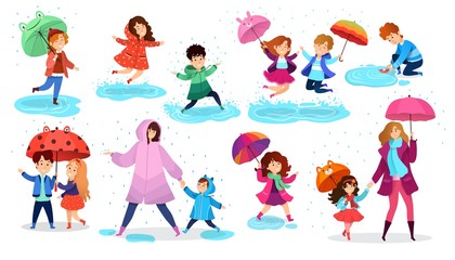 Naklejka premium Kids in rain, happy children with umbrella, set of isolated cartoon characters, vector illustration. Cute boys and girls jumping in puddles, people having fun in rainy day. Children enjoy rain weather