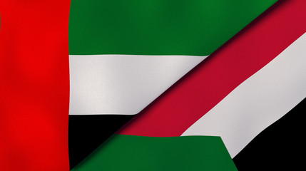 Obraz premium The flags of United Arab Emirates and Sudan. News, reportage, business background. 3d illustration