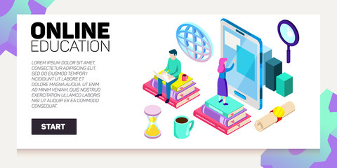 Isometric online education vector banner. E-learning. Imagination ad creativity.