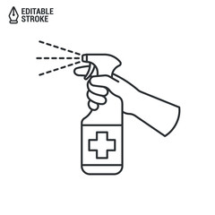 Disinfectant Spray Icon. Hand Hold Bottle With Sanitizer Isolated On White Background. Concept Of Antibacterial Sanitizer Spray. Outline Vector Icon With Editable Strokes
