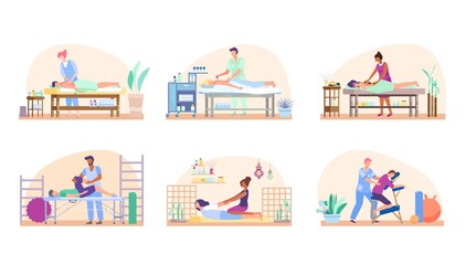 Massage people set, relaxing procedure in beauty salon or rehabilitation therapy, vector illustration. Professional masseur cartoon characters, healthcare treatment. Masseuse in wellness spa center