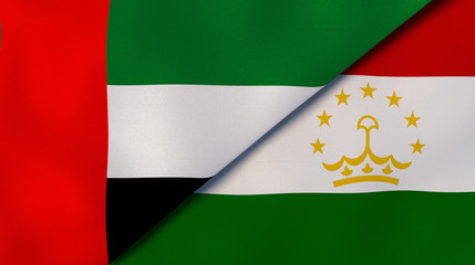 The flags of United Arab Emirates and Tajikistan. News, reportage, business background. 3d illustration