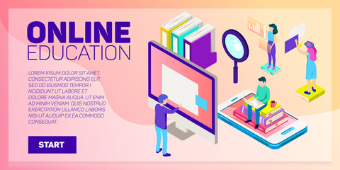 Isometric online education vector banner. E-learning. Imagination ad creativity.