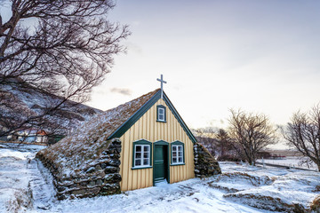 Hofskirkja Church, Hof, Iceland. Traditional turf church built in 1884