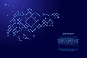 Singapore map from blue pattern from a grid of squares of different sizes and glowing space stars. Vector illustration.