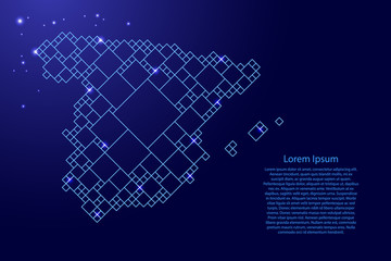 Spain map from blue pattern from a grid of squares of different sizes and glowing space stars. Vector illustration.