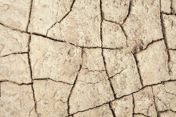 Cracks in the earth in rural areas. Ground texture background. Dry soil abstract photo. Mosaic pattern