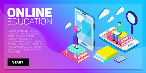 Isometric online education vector banner. E-learning. Imagination ad creativity.