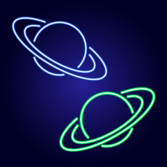 Saturn type planet with rings from glowing blue and green neon luminescence lines on classic blue dark background. Vector illustration.