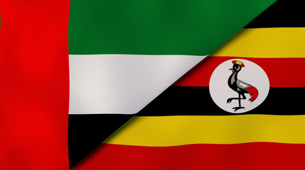 The flags of United Arab Emirates and Uganda. News, reportage, business background. 3d illustration