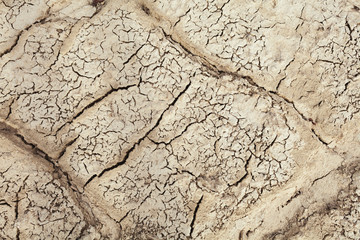 Cracks in the earth in rural areas. Ground texture background. Dry soil abstract photo. Mosaic pattern
