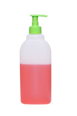 Liquid soap or dishwashing liquid pink in a plastic bottle. Sanitizer. Isolated on a white background