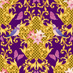 seamless texture with golden floral baroque ornament, pink lilie