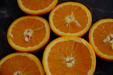 Orange Juice, Vitamin C Boost, Freshly hand juiced fruit juice. Half cut oranges. Healthy lifestyle