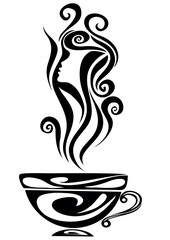 elegant cup of coffee in black with a profile of a female face in smoke, white background, vector illustration,