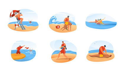 Lifeguard man rescue people, ocean beach emergency situation set, vector illustration. Safety at sea, guard saves drowning woman. First aid in dangerous situation, lifeguard cartoon characters help