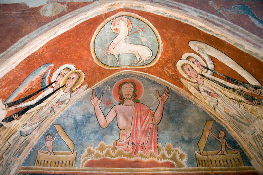Ancient fresco image of Jesus in meditation Easter prayer position at Museum at Solsona, Cataluna, Spain, Museu Dioces&circ; i Comarcal containing Romanesque paintings and local archeological finds