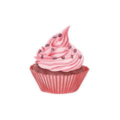 Watercolor illustration of pink cup cake with chocolate bean decoration