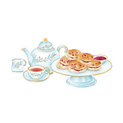 Watercolor illustration of British afternoon tea with scone