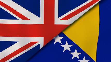 The flags of United Kingdom and Bosnia and Herzegovina. News, reportage, business background. 3d illustration - obrazy, fototapety, plakaty