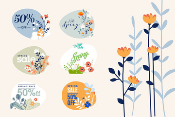Spring sale labels collection. Vector illustrations of beauty, fashion, cosmetics, for graphic and web design, marketing material, product promotion, social media and online shopping.