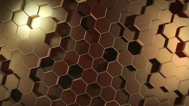 An abstract hexagonal geometric golden surface cyclically moves in virtual space. Chaotic vibrations of geometric shapes. Creating a dynamic wall of hexagons