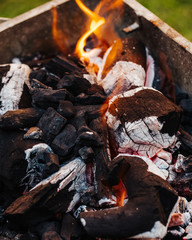 Close-up of grill. Charcoal with fire. Preparation for cooking mixed grill dishes.