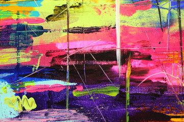 Violet purple, pink, and yellow cover the canvas in layered swipes in this abstract acrylic painting that resembles sailboats on the water at dusk for backgrounds.