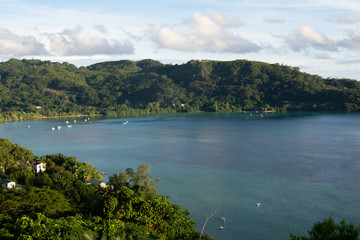 Seychelles tropical landscape photo was taken from the top of the mountain looking out over the Indian Ocean.