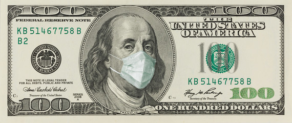 A 100-dollar bill with a face mask by Benjamin Franklin from the COVID-19 Coronavirus in the United States. - obrazy, fototapety, plakaty