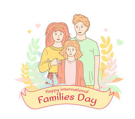 Poster for International Family Day. Outline cartoon style. International day of Families with flower wreath. Mom dad and daughter. Family portrait, happy people. Vector illustration
