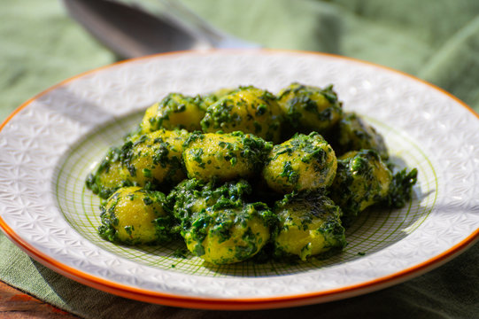Tasty Vegetarian Food, Italian Potato Gnocchi With Green Spinach Filled With Mozzarella Cheese