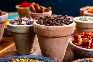 Indian spices collection, dried colorful condiment, nuts, pods and seeds and another spices in clay bowls