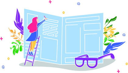 A small woman on the stairs writes on a huge newspaper and glasses are nearby. A bright illustration in flat style
