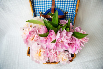 The beauty of a pink peonies bouquet in a vintage authentic brown suitcase, closeup.