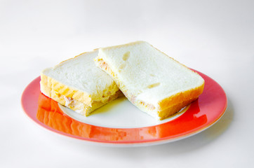 A homemade tuna and mayonnaise sandwich on a plate shot against a while background. 