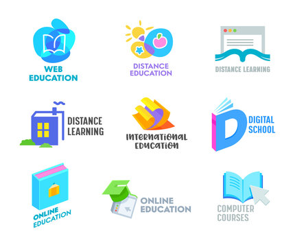 Set of Distance Learning Banners or Icons. Online Education Courses, Homeschooling Concept. Book in Shape of House, Academical Graduation Cap Isolated on White Background. Cartoon Vector Illustration