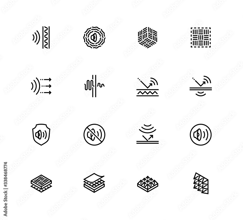 Wall mural Acoustics and Acoustical Properties of Materials. Vector Icon set in Outline Style