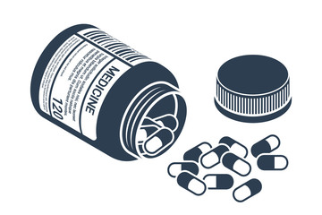 Silhouette of Medicine Bottle with Pills. Isometric Vector Illustration
