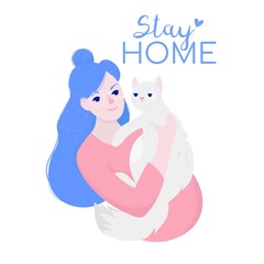 Staying home with self quarantine. Coronavirus outbreak. A girl home. Covid-19 virus in air. Protect from viruses