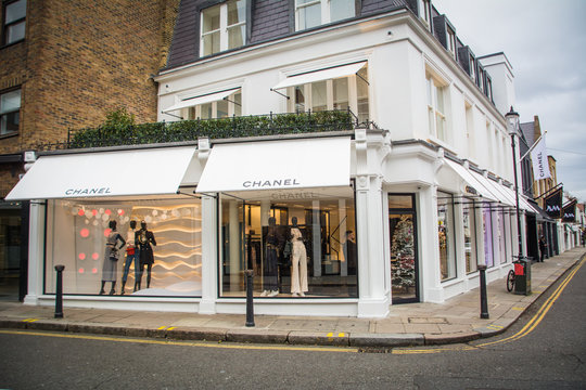 LONDON- DECEMBER, 2018: Chanel designer fashion shop on Walton Street in Chelsea & Kensington- a luxury French designer fashion brand