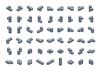 Isometric Tetromino Blocks. Vector Icon Set in Glyph Style